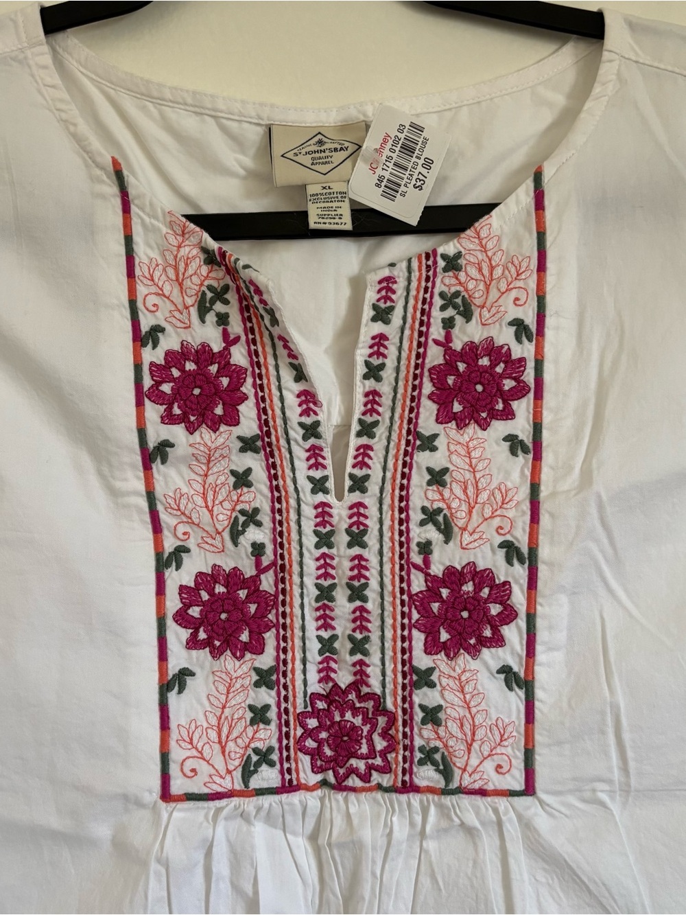 St.John’s Bay White Sleeveless Embroidered Tunic Top with Pink Floral Detail - Picture 2 of 4